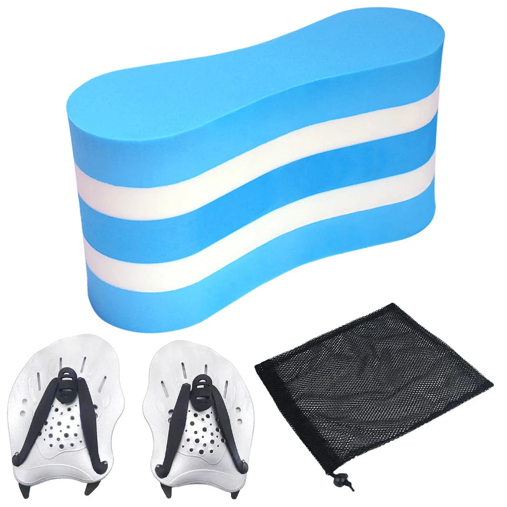 Swim Training Pull Buoy Adjustable Strap Hand Paddles with Mesh Bag Swim Training Equipment 5-Layer Pull Buoy for Adults