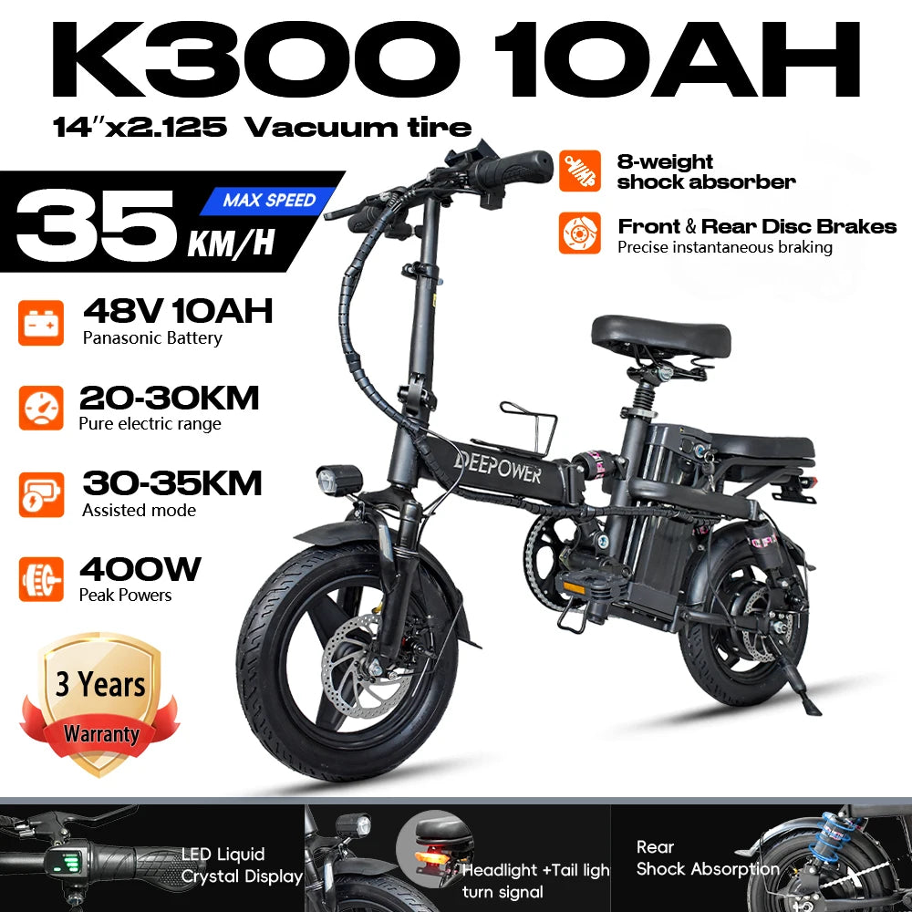 DEEPOWER 14'' Electric Bike Foldable Electric Pedal Assistance with 10ah Battery, 21MPH 400W Motor, Multi-Shock Ebike for teen