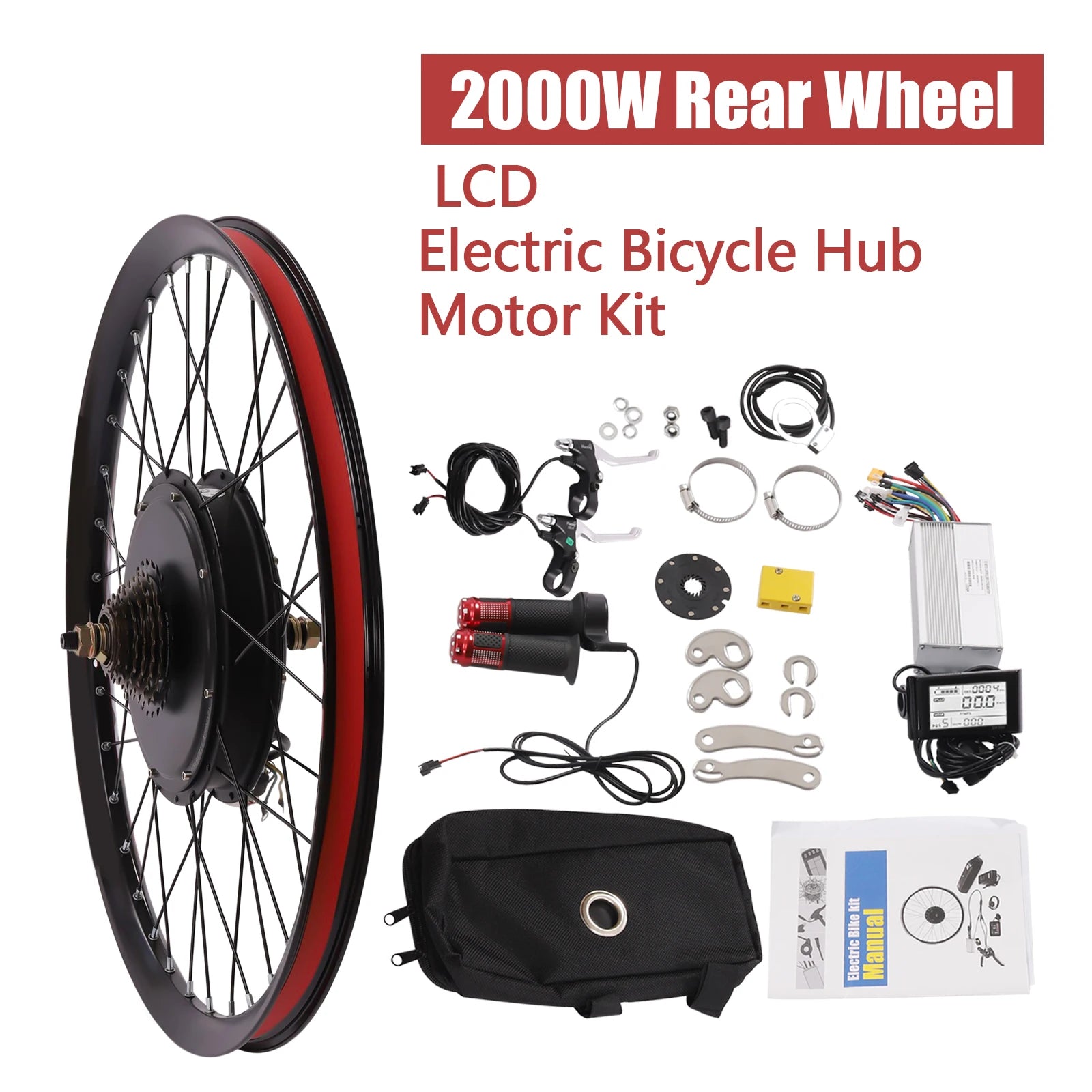 72V 2000W Rear Wheel Electric Bicycle Motor Kit Hub Motor Wheel E-Bike Conversion Kit w/ LCD Display 7 Speeds for 26-inch Bike
