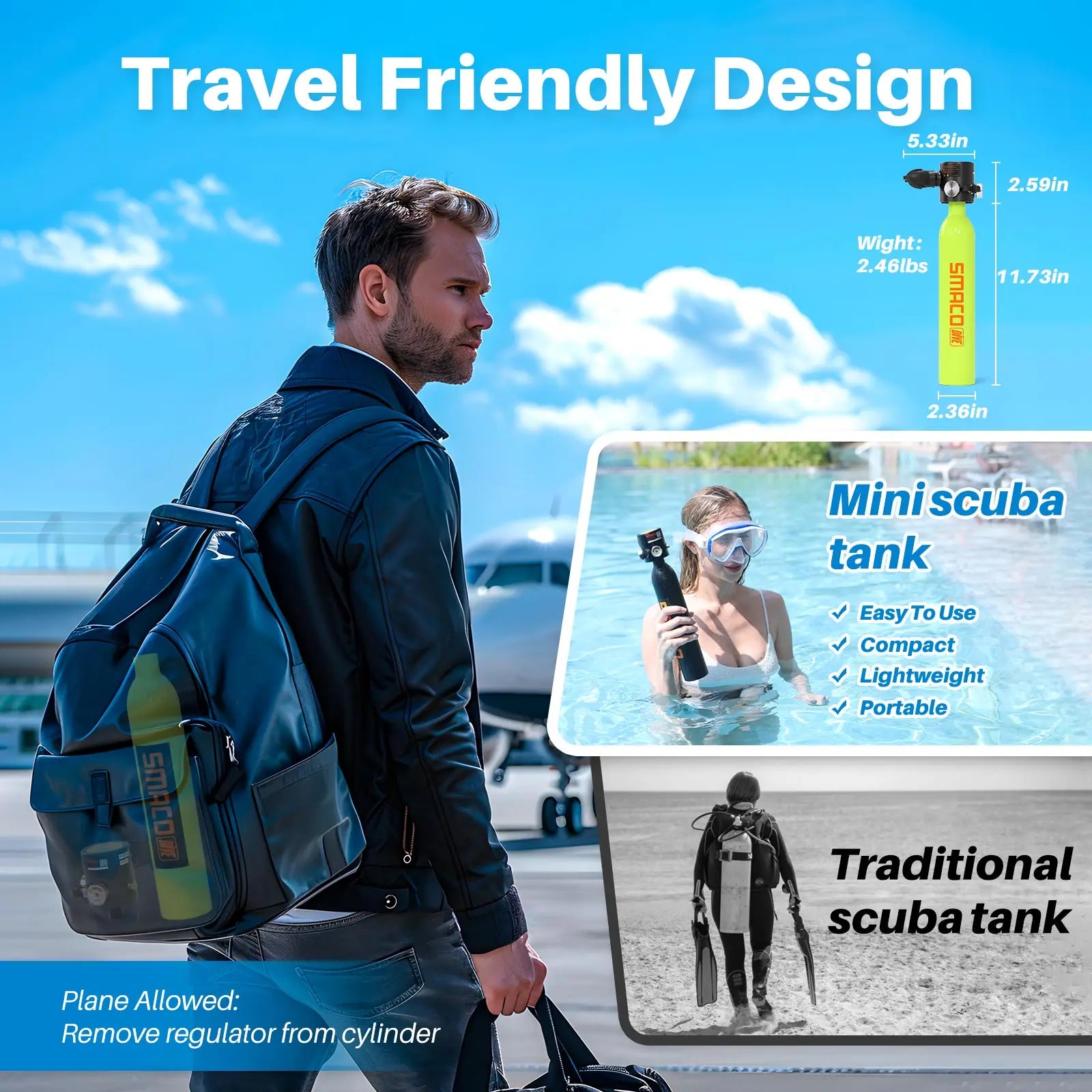 SMACO S300 Plus Mini Scuba Tank 0.5L Portable Mini Diving Tank Reusable Pony Bottle up to 10 Minutes Dive Time Backup Diving Air