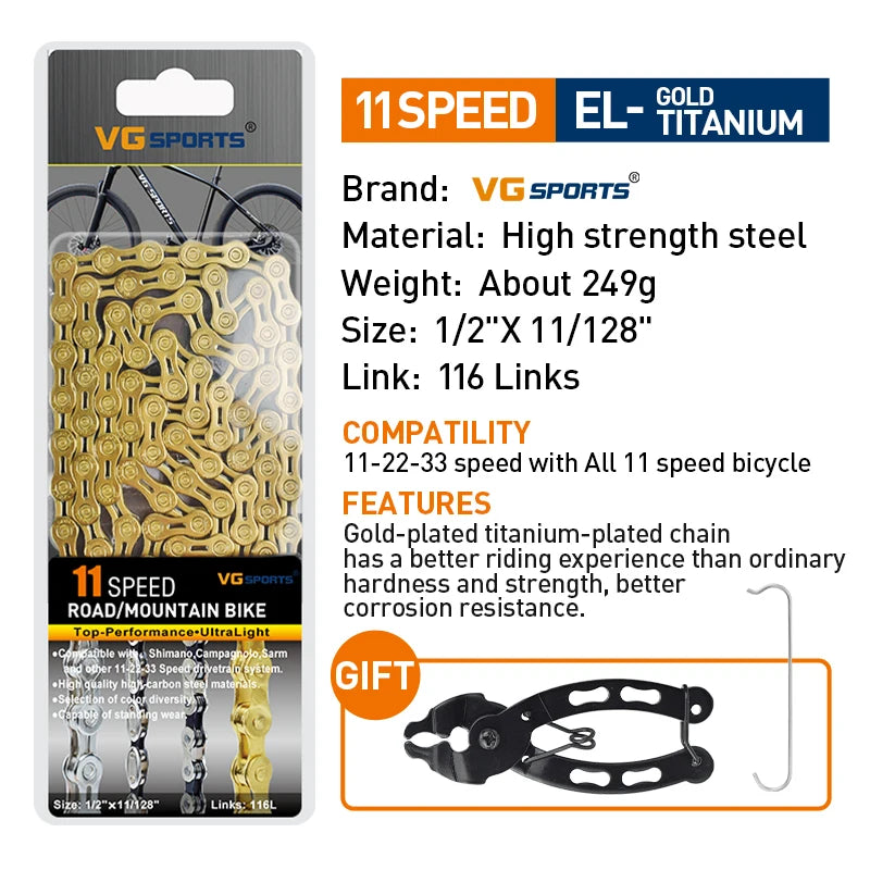 VG Sports Bicycle Chain 6 7 8 9 10 11 Speed 8s 9s 10s 11s Velocidade Titanium Rainbow Gold MTB Mountain Road Bike Chains Parts