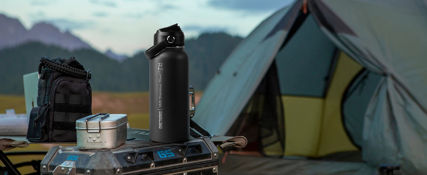 ONETIGRIS 32oz Insulated Water Bottle with Straw, 3 Lids, Sleeve, Leakproof Stainless Steel Thermos for Travel, Hiking, Gym