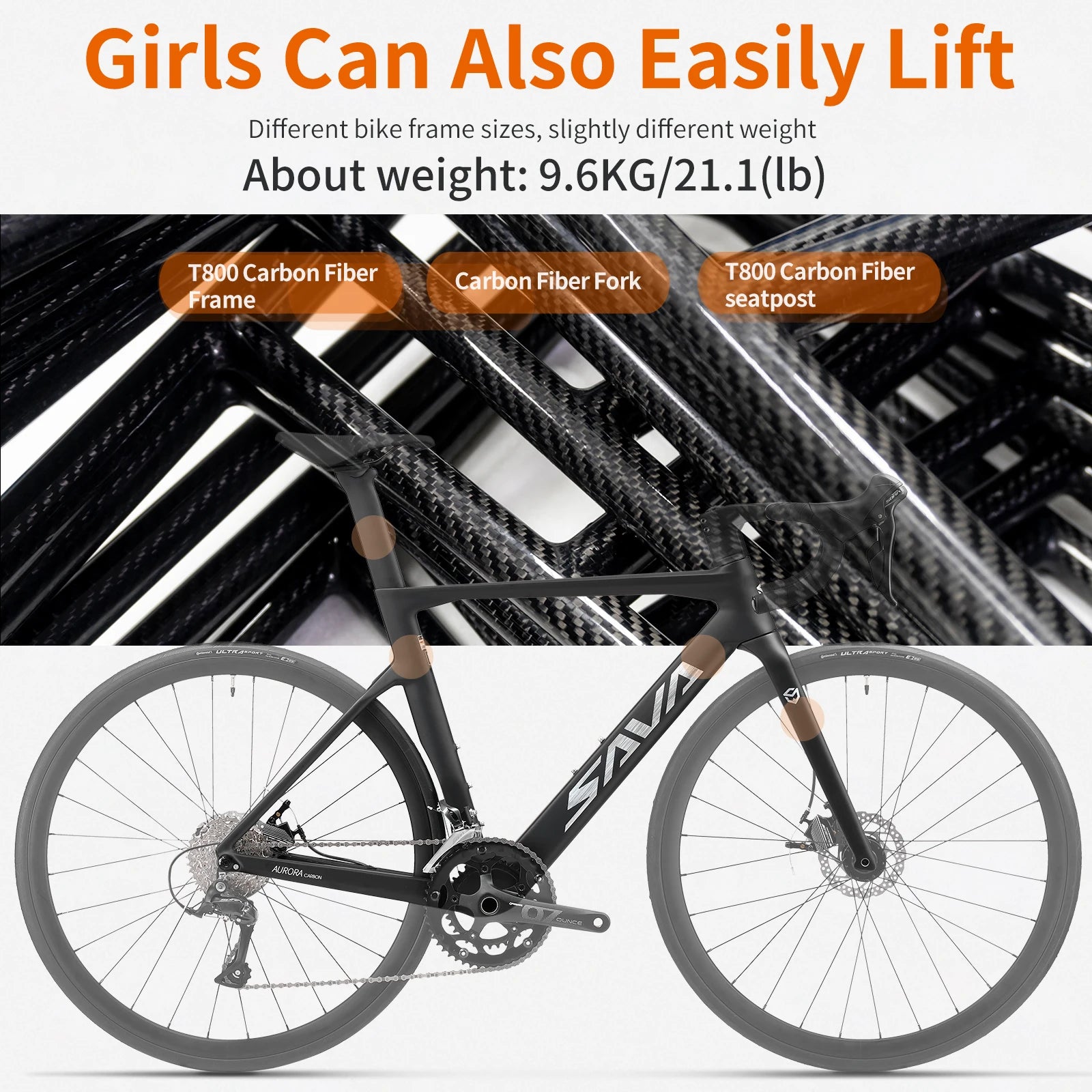 US Warehouse SAVA Carbon Fiber Road Bike with Integrated Handlebars and Shimano 18/22 Speed Kit, Adult Racing