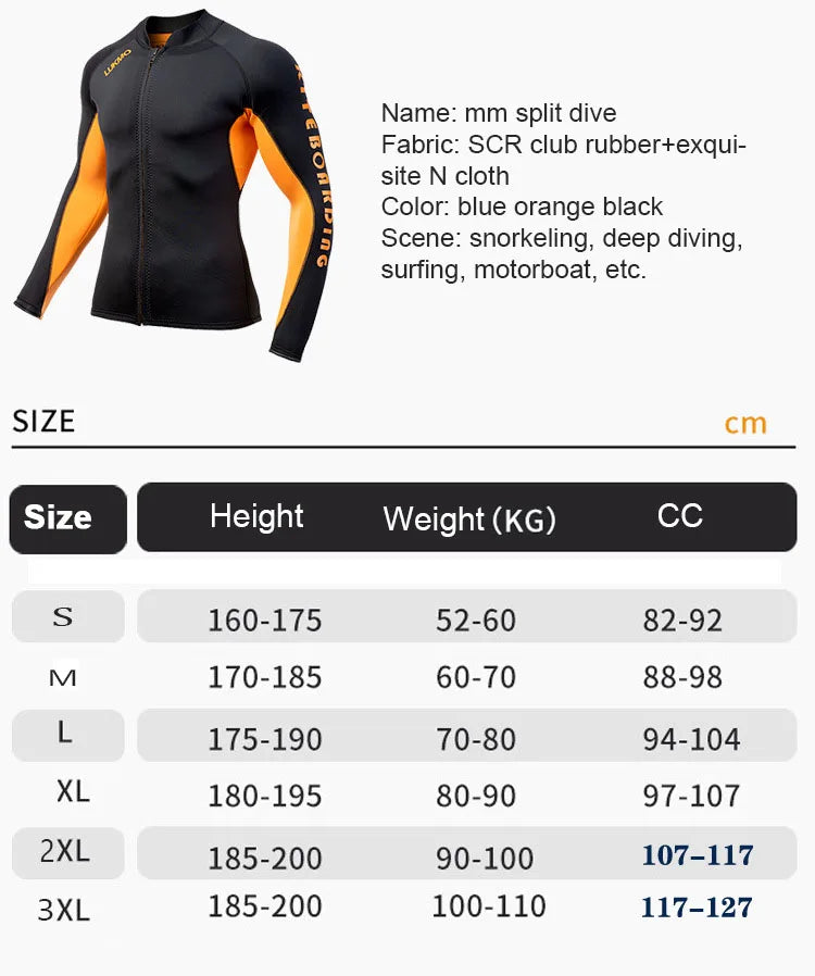 2MM Neoprene Men Split Diving Suit Jacket Swimming Top Suit Windproof Warm Jacket Surfing Motorboat Diving Jacket