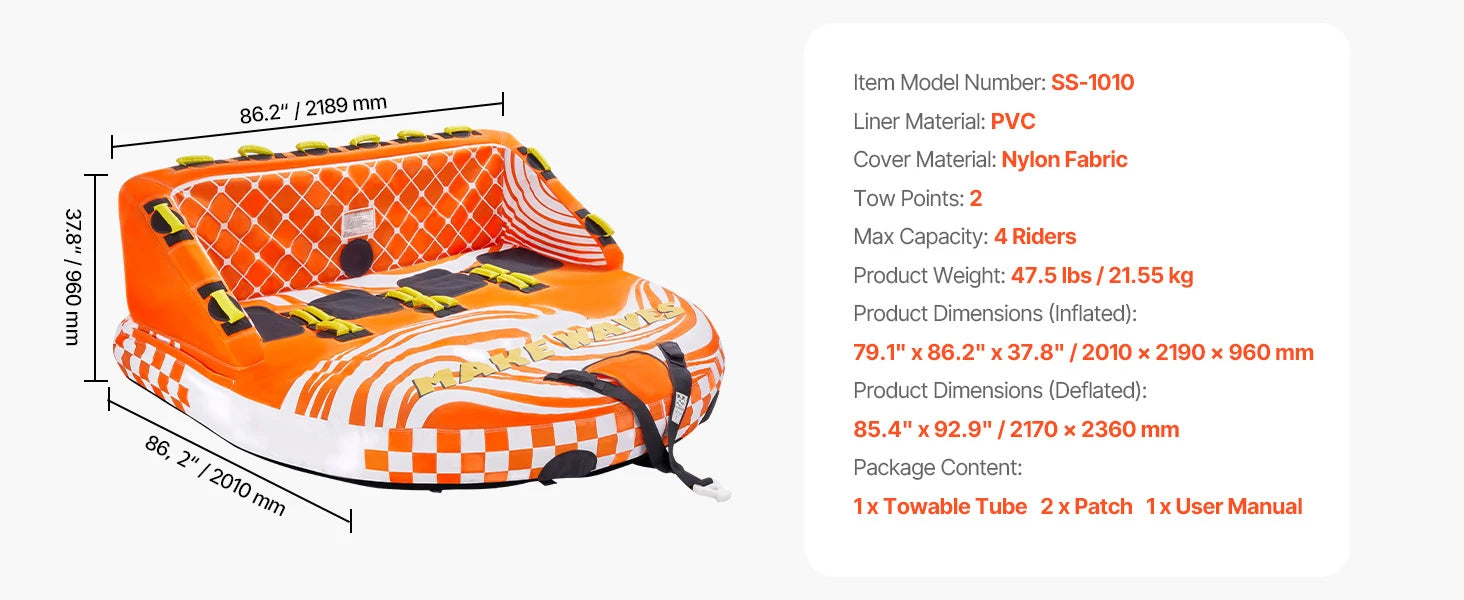 SucceBuy Towable Tube for Boating 1-4 Riders Inflatable Boat Tubes and Towables 680lbs Water Sport Towable Tube for Boat to Pull