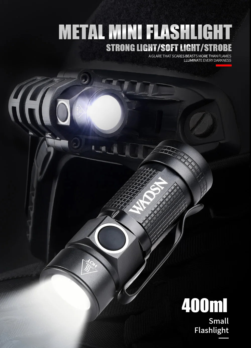 WADSN Metal Mini Weapon Tactic Airsoft white Strobe FAST Helmet Flashlight LED Flashlight Fit 20mm Rail Scout Hunting Light