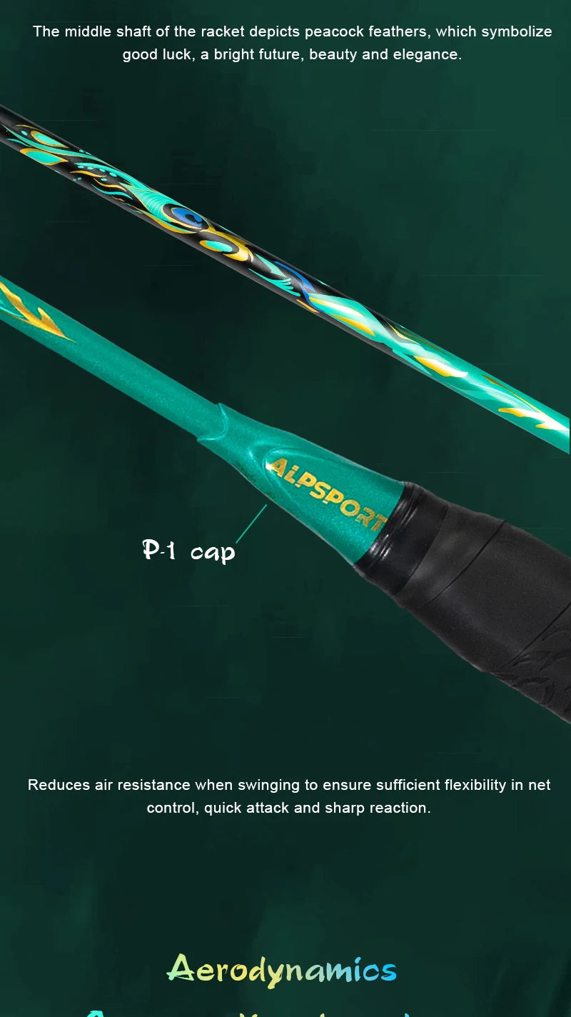 ALPSPORT Peacock 4U 52g 35LBS Carbon Fiber Badminton Racket Super Light Green/White/Red Professional Training Racquet