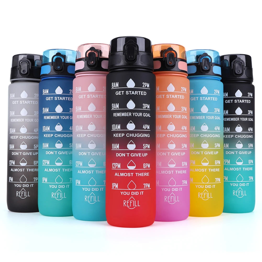 1000ml Motivational Water Bottle with Handle Frosted Gradient Cup Large Capacity Time Scale Water Cup for Fitness Yoga