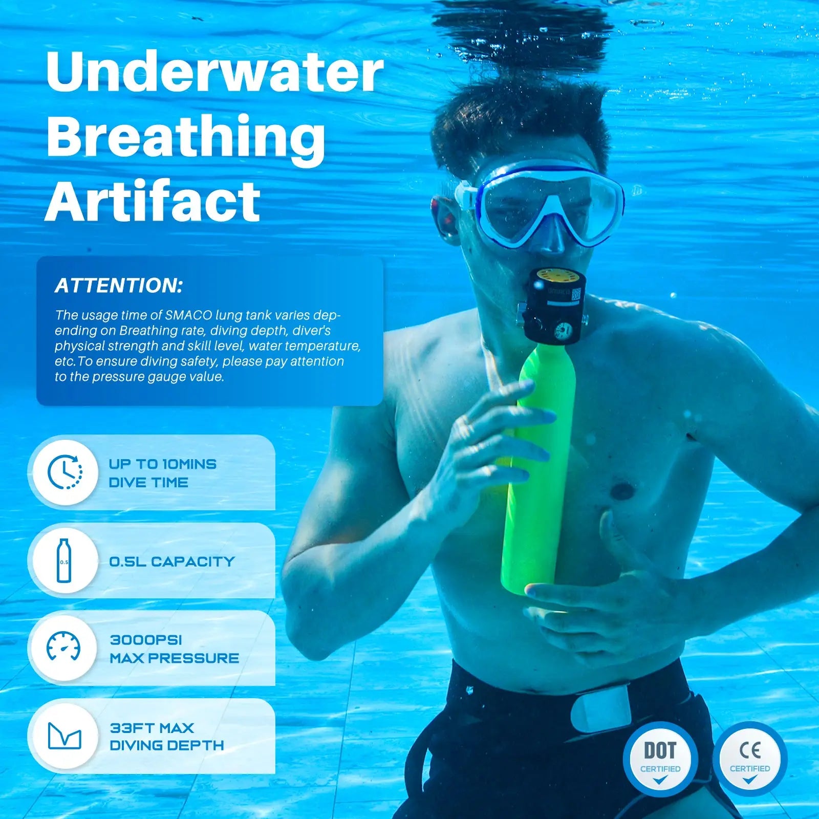 SMACO S300 Plus Mini Scuba Tank 0.5L Portable Mini Diving Tank Reusable Pony Bottle up to 10 Minutes Dive Time Backup Diving Air