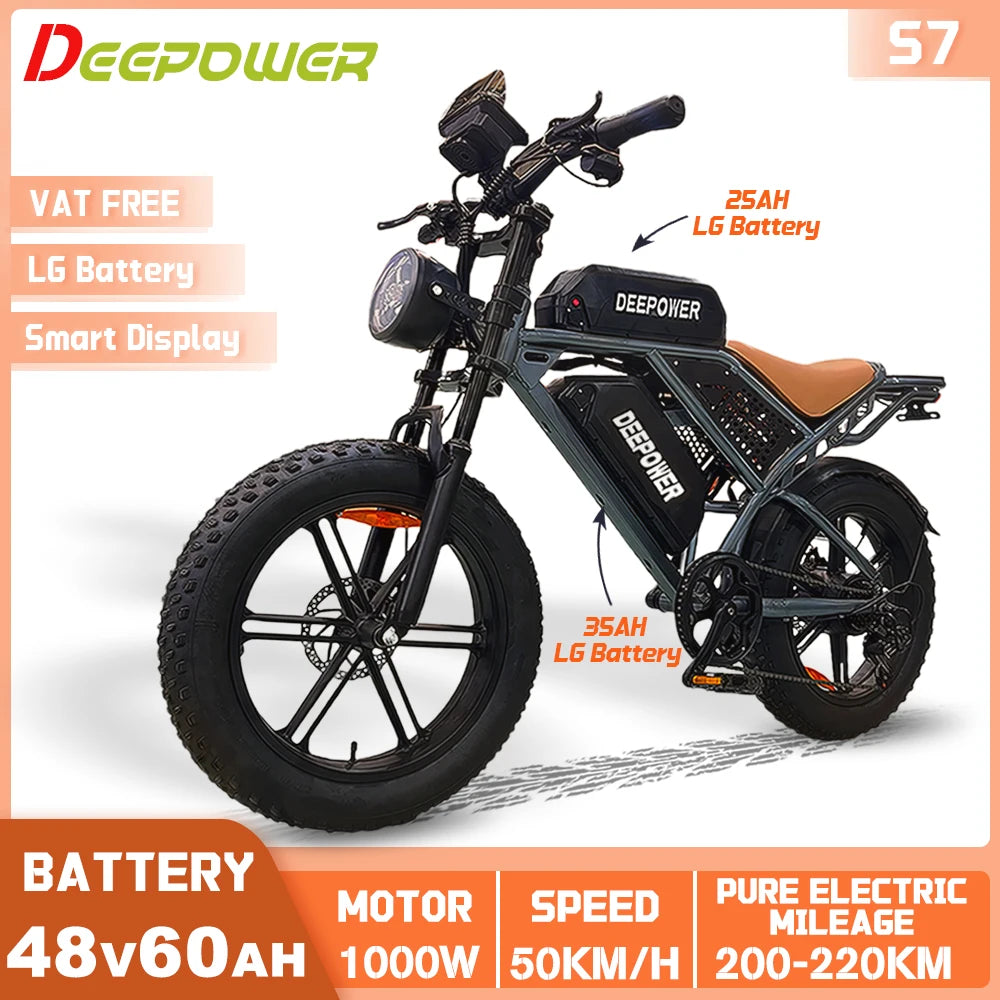 DEEPOWER S7 Off-Road Electric Bike for 1000W Motor Adults Mountain Ebike with 48V 60AH LG Battery All-Terrain Motorcycle Style