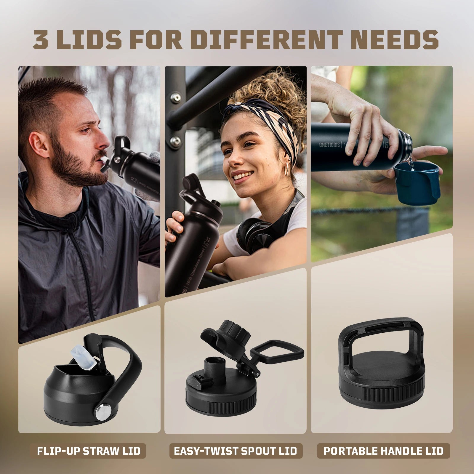 ONETIGRIS 32oz Insulated Water Bottle with Straw, 3 Lids, Sleeve, Leakproof Stainless Steel Thermos for Travel, Hiking, Gym