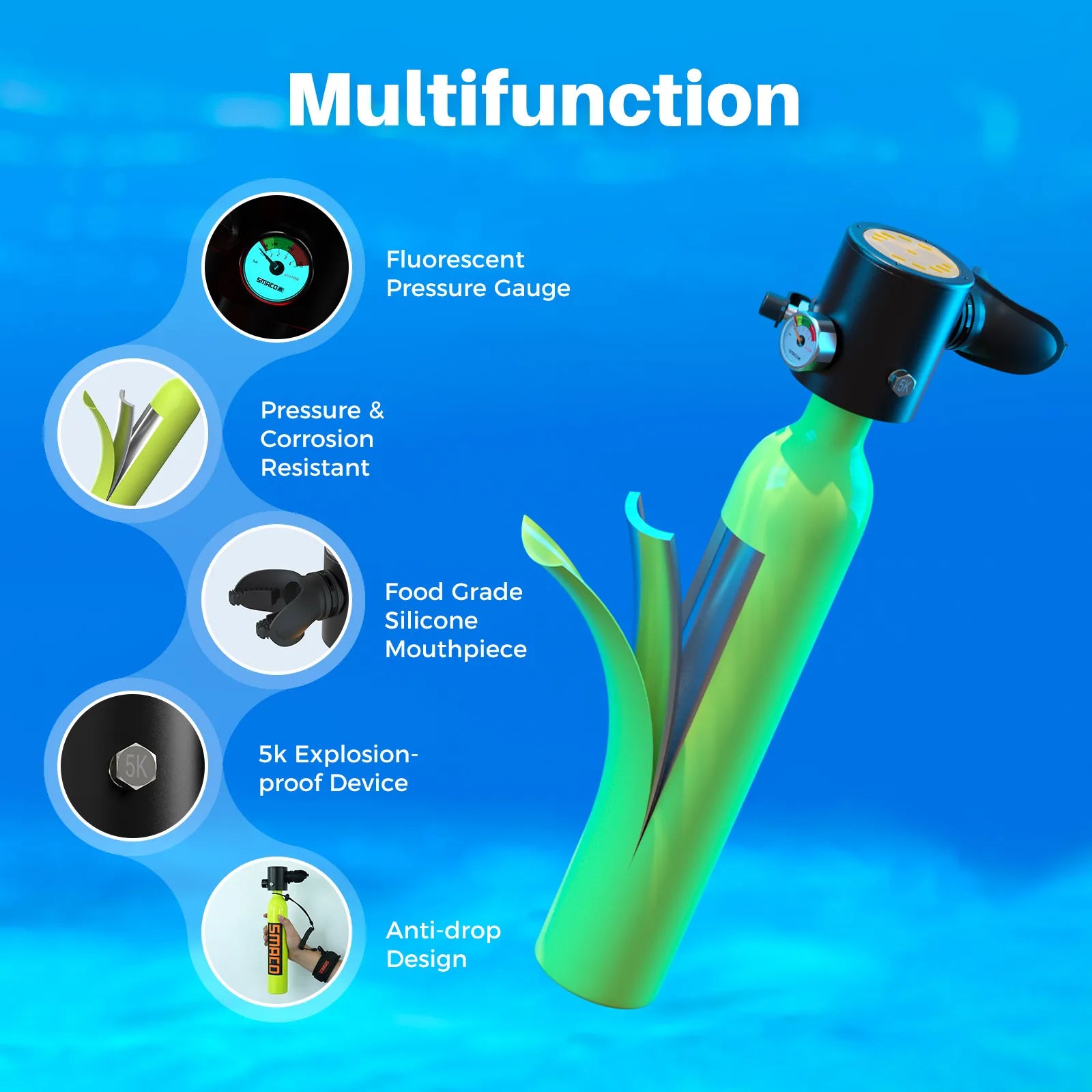 SMACO S300 Plus Mini Scuba Tank 0.5L Portable Mini Diving Tank Reusable Pony Bottle up to 10 Minutes Dive Time Backup Diving Air