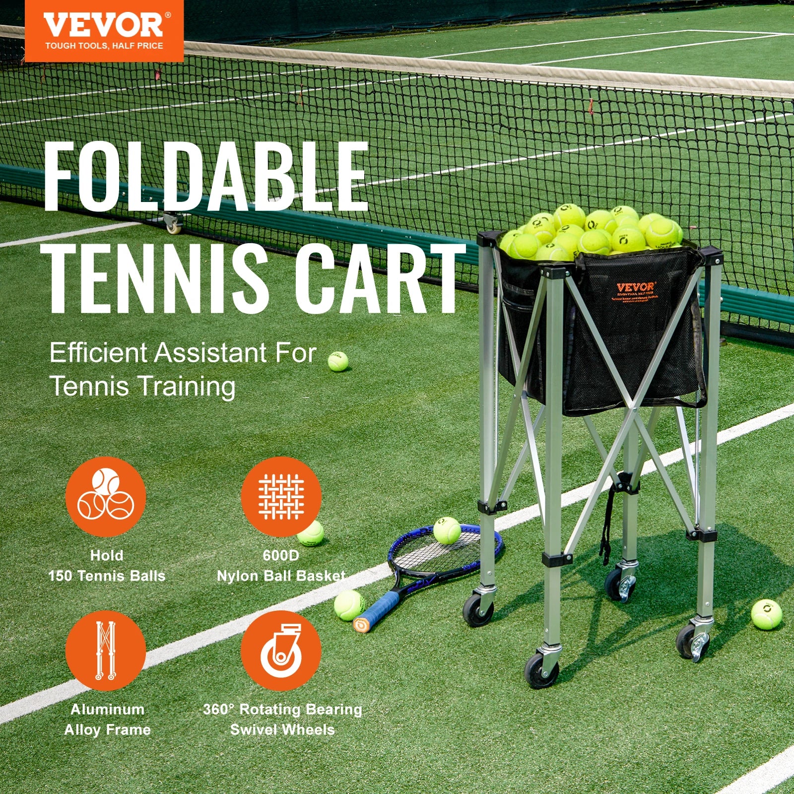 SucceBuy Foldable Tennis Ball Cart Holds 150/180 Tennis Balls Basket Hopper with Wheels Teaching Portable Baseball Trolley