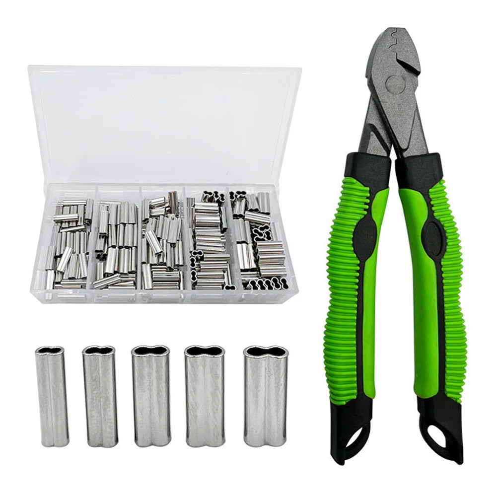 Fishing Crimpers Tool Crimp Sleeves Kit with Single /Double Barrel Ferrule Wire Rope Swager Crimper Fishing Line Tackle Tools