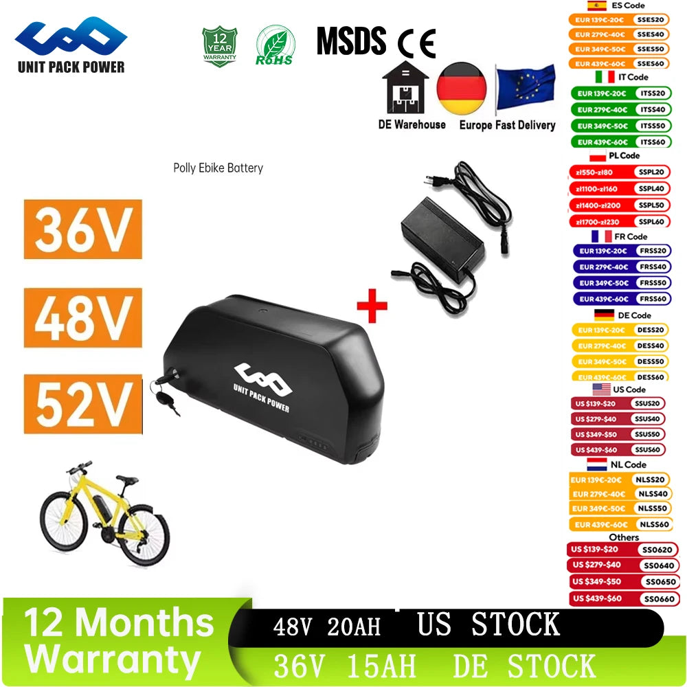 Polly 48V 25AH Ebike Battery Downtube 52V  24AH 72v Electric Battery BMS Original 21700 Lithium lon Battery 1000W 18650 Cell