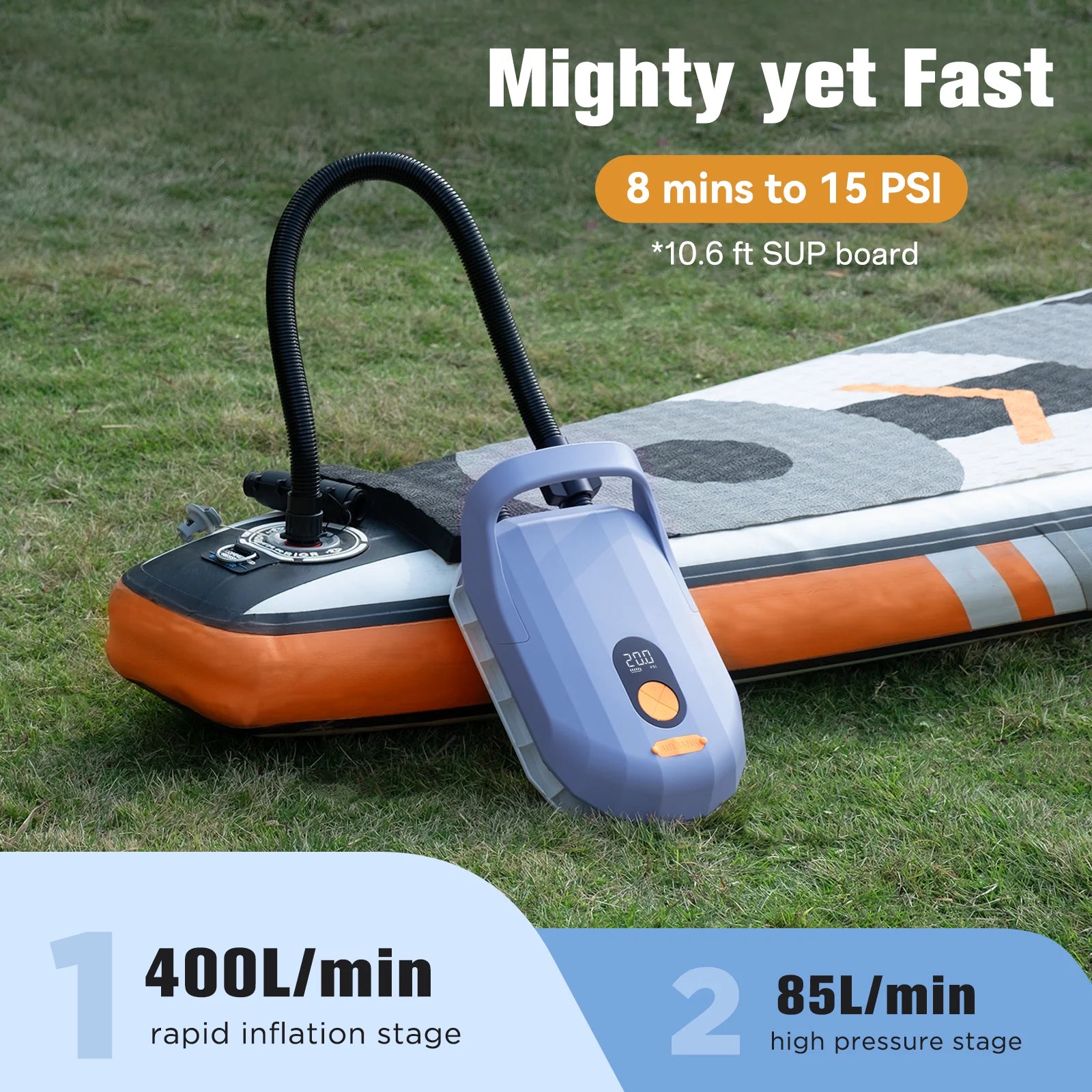 AIRBANK D6PRO SUP Electric Air Pump with Battery 7800mAh 20PSI Max Rechargeable 12V DC Car Connection Pump for Boards, Surf Kite