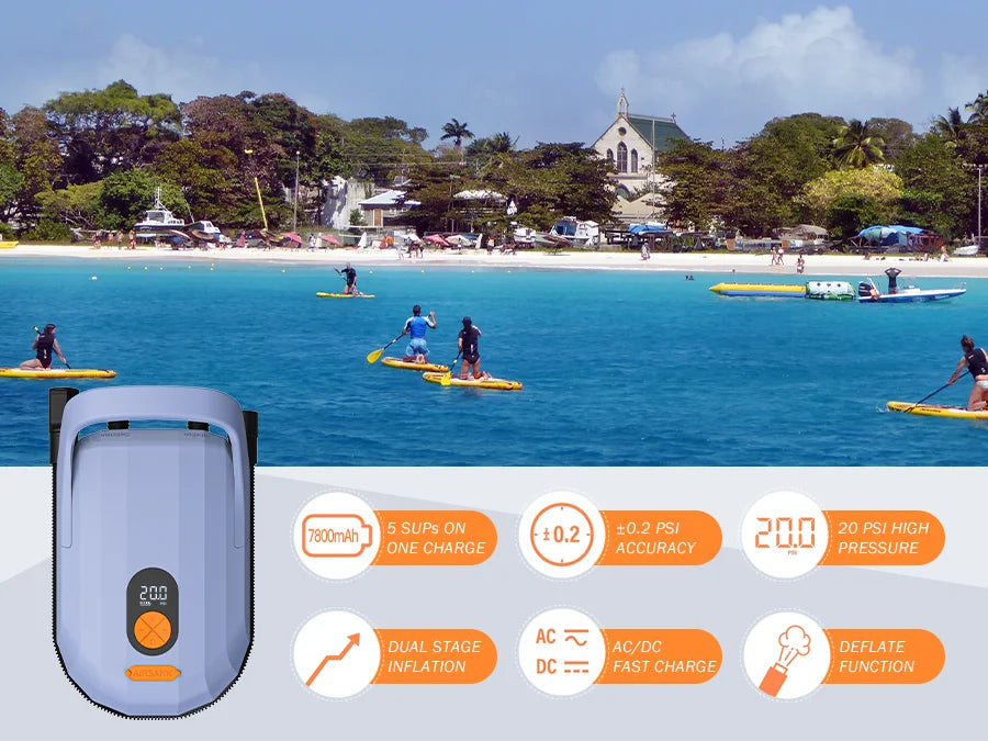 AIRBANK D6PRO SUP Electric Air Pump with Battery 7800mAh 20PSI Max Rechargeable 12V DC Car Connection Pump for Boards, Surf Kite