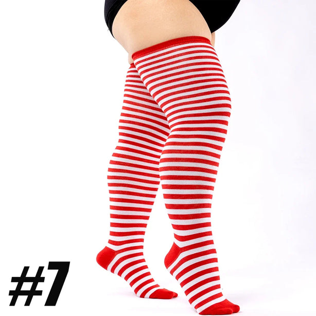 1Pair Plus Size Womens Thigh High Socks for Thick Thighs- Extra Long Striped Thick Over the Knee Socks- Leg Warmer Boot Socks
