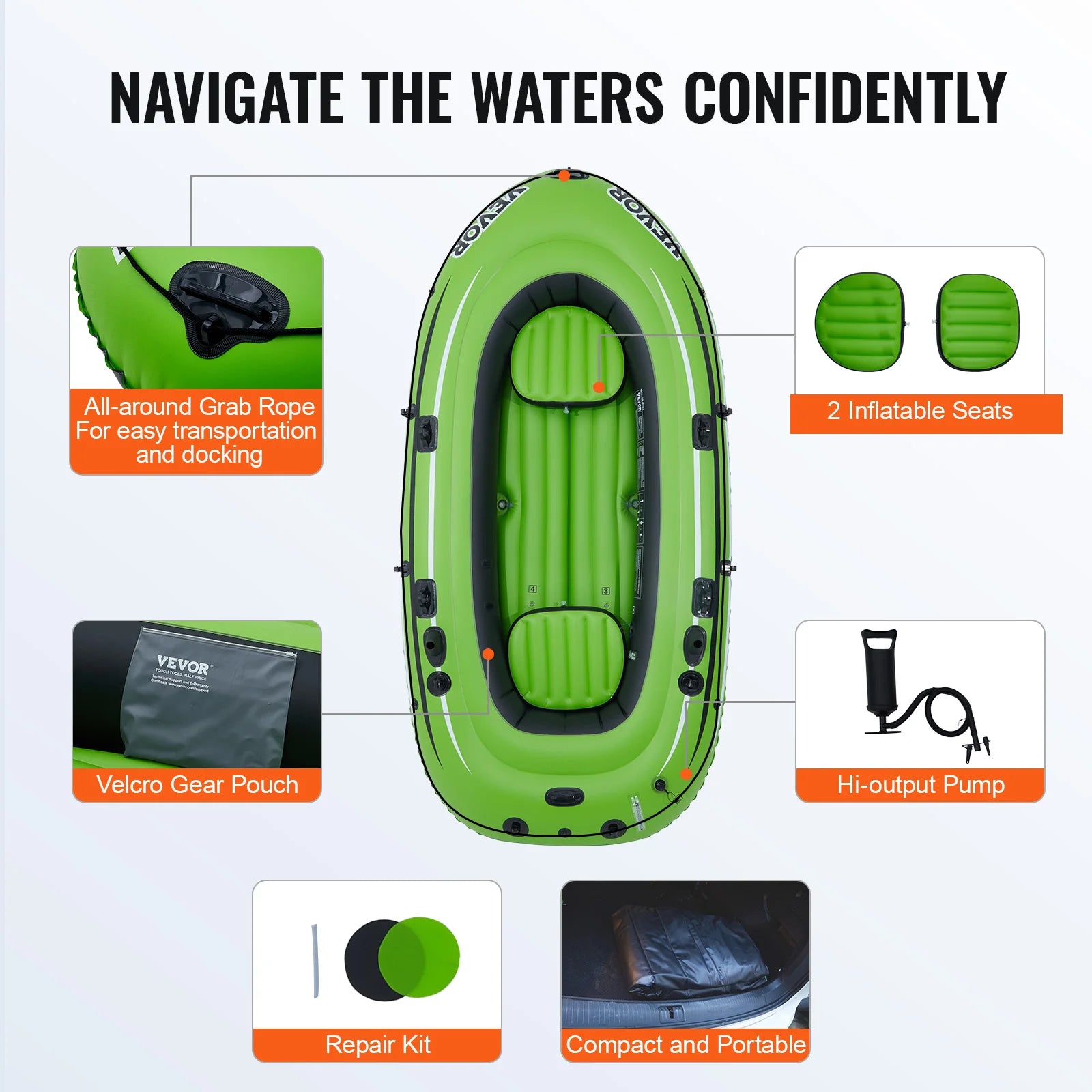 VEVOR Inflatable Boat 4-Person Inflatable Fishing Boat Strong PVC Portable Boat Raft Kayak 45.6
