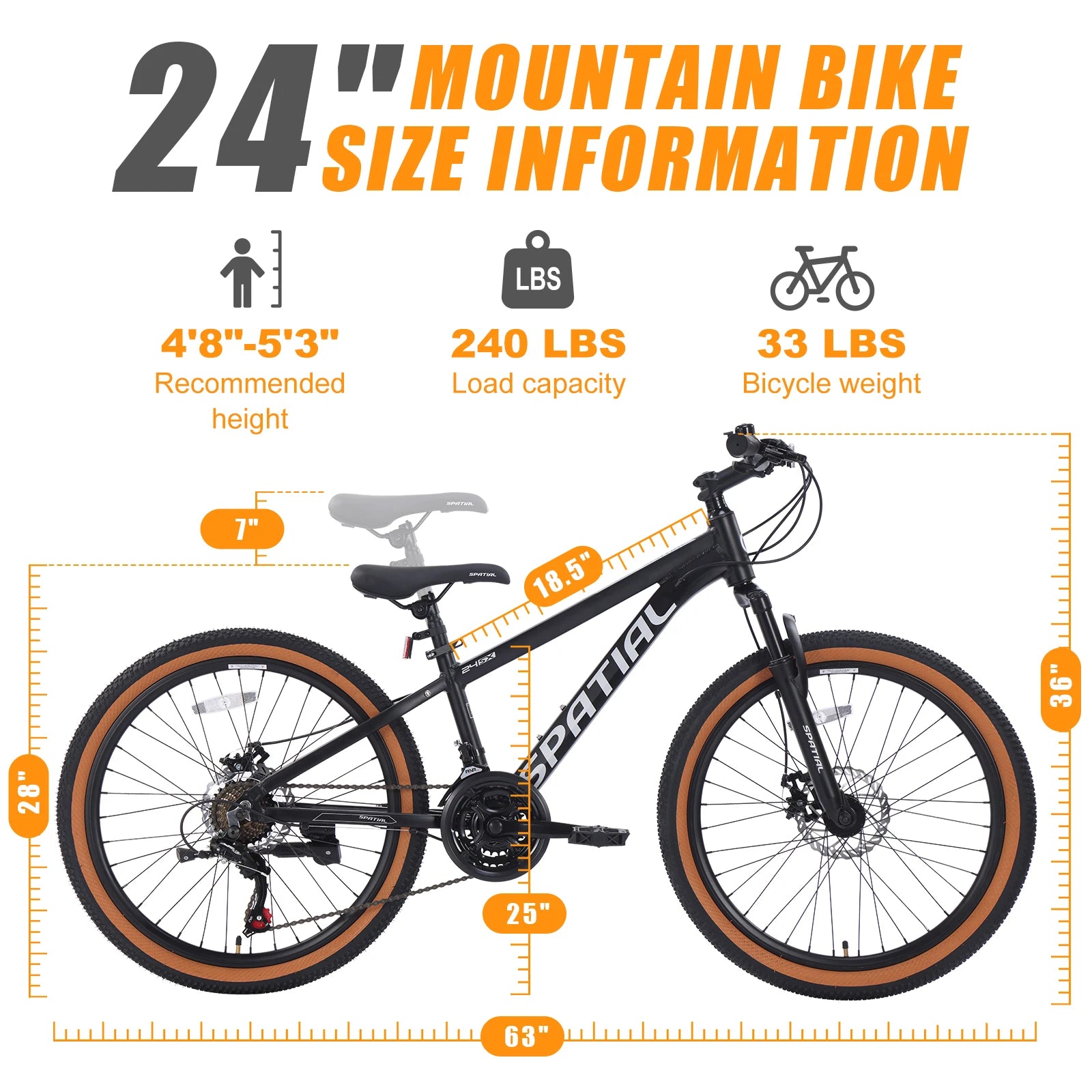 SPATIAL Mountain Bike 24 Inch, 21 Speed Aluminum Frame Lightweight Bike,Dual Disc Brake Bicycle for Teenager