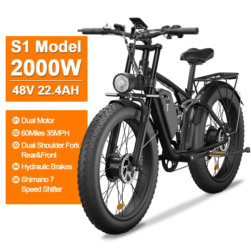 Zgeer F1 48v 2000w ebike full suspension power bicycle with ce 26 inch fat tire hidden dual battery snow beach electric  bike