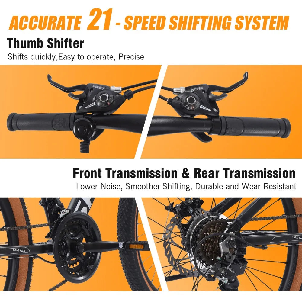 SPATIAL Mountain Bike 24 Inch, 21 Speed Aluminum Frame Lightweight Bike,Dual Disc Brake Bicycle for Teenager