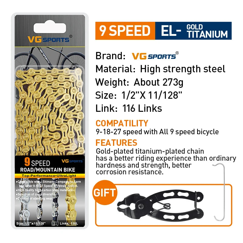 VG Sports Bicycle Chain 6 7 8 9 10 11 Speed 8s 9s 10s 11s Velocidade Titanium Rainbow Gold MTB Mountain Road Bike Chains Parts