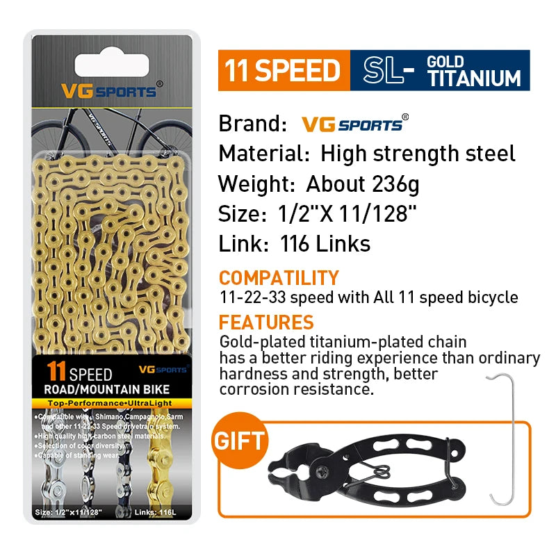 VG Sports Bicycle Chain 6 7 8 9 10 11 Speed 8s 9s 10s 11s Velocidade Titanium Rainbow Gold MTB Mountain Road Bike Chains Parts