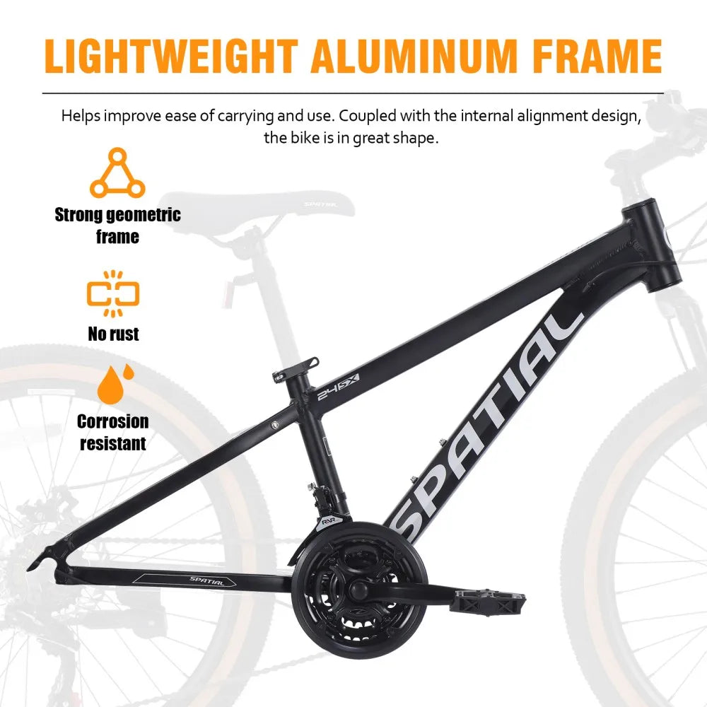 SPATIAL Mountain Bike 24 Inch, 21 Speed Aluminum Frame Lightweight Bike,Dual Disc Brake Bicycle for Teenager