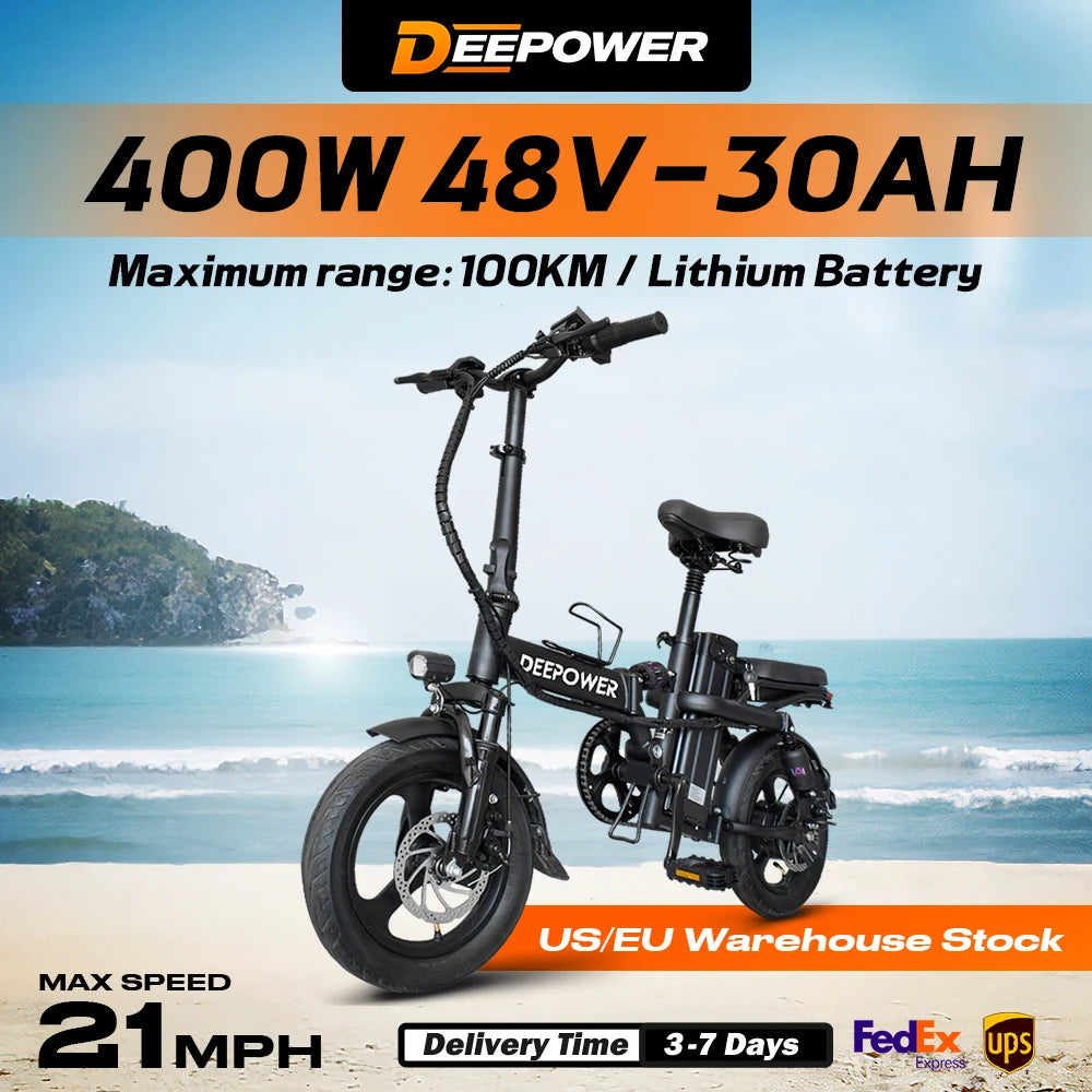 DEEPOWER 14'' Electric Bike Foldable Electric Pedal Assistance with 10ah Battery, 21MPH 400W Motor, Multi-Shock Ebike for teen