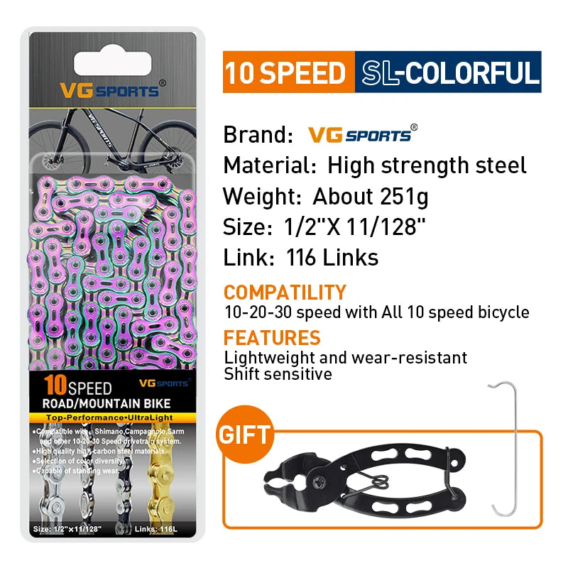 VG Sports Bicycle Chain 6 7 8 9 10 11 Speed 8s 9s 10s 11s Velocidade Titanium Rainbow Gold MTB Mountain Road Bike Chains Parts