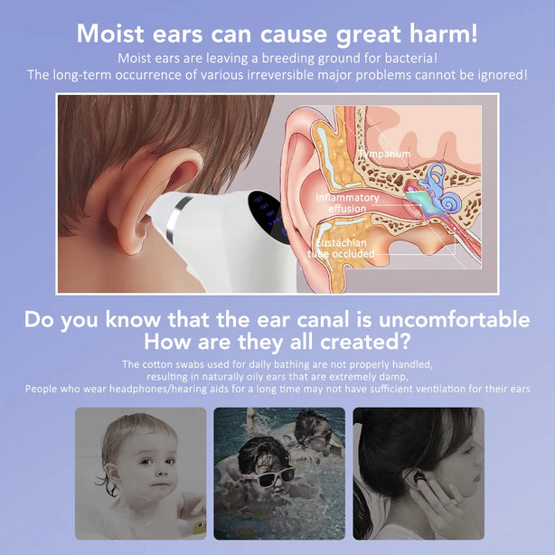Ear Dryer 3 Gear Adjustable Temperature Ear Cleaning Swimming Bathing Water in Ears Smart Heating Ear Cleaner Silicone Ear Tips