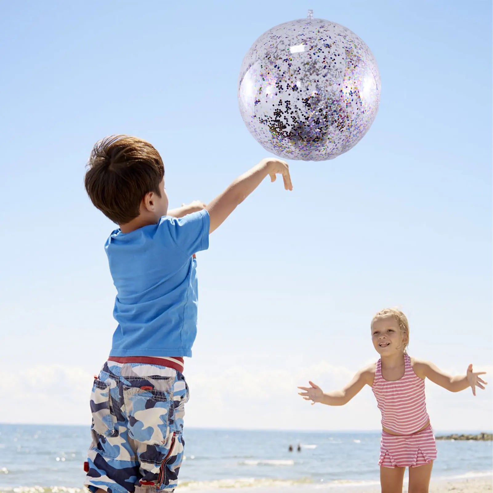 Glitter Beach Ball Inflatable 16-Inch Confetti Swim Pool Balls 16in Large Beach Balls For Kids Swimming Pool Party Favor Clear