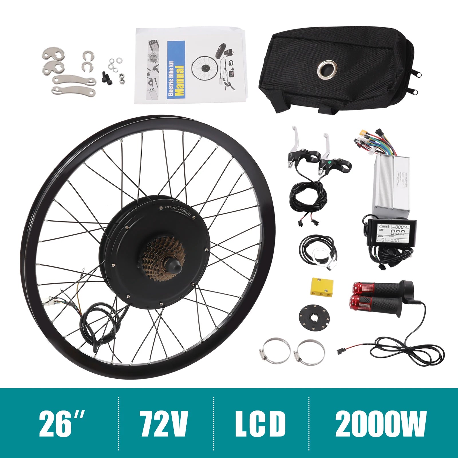 72V 2000W Rear Wheel Electric Bicycle Motor Kit Hub Motor Wheel E-Bike Conversion Kit w/ LCD Display 7 Speeds for 26-inch Bike