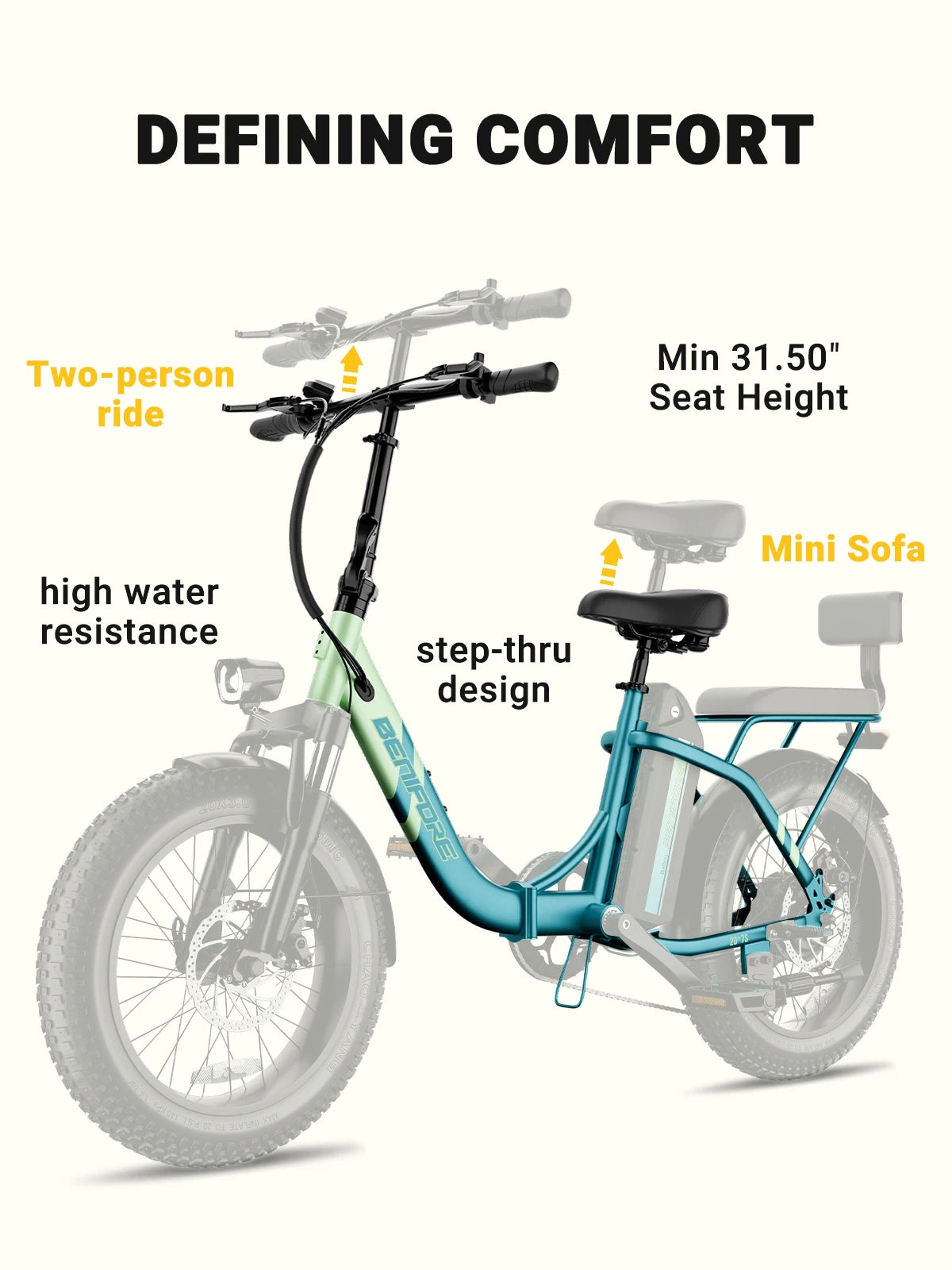 City E-Bike 750W Motor 48V15AH Battery with Seat Back + Footrest Electric Bike 26*3.0-inch Fat Tire NFC Unlock Electric Bicycle