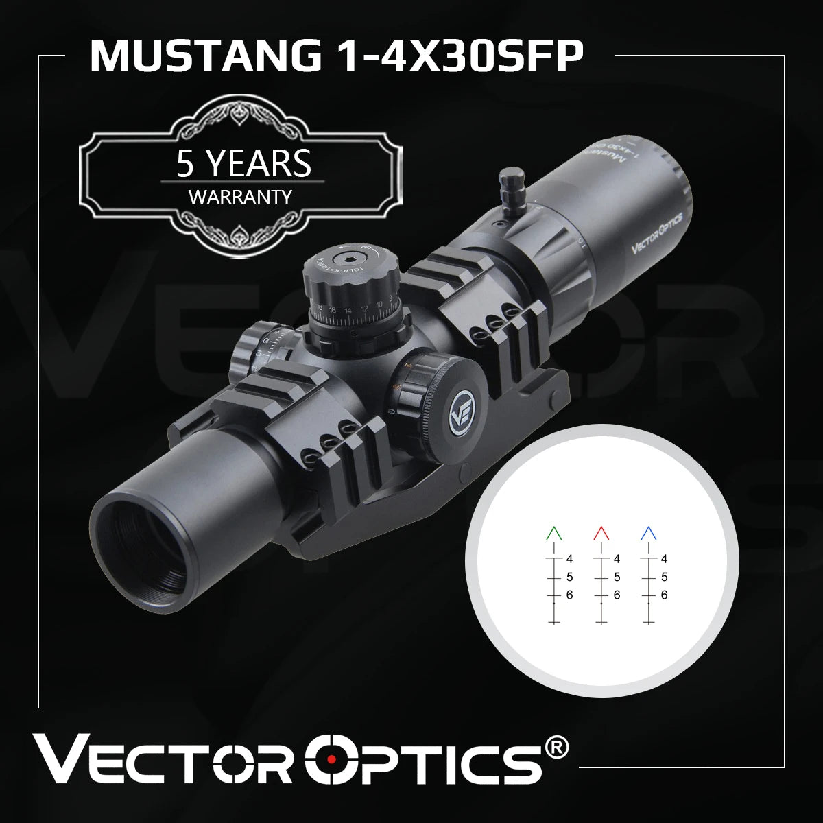 Vector Optics Mustang 1-4x30 SFP Riflescope LPVO Optics With Turret Lock Red&Green&Blue Illumination Reticle Fit AR15 5.56 .223