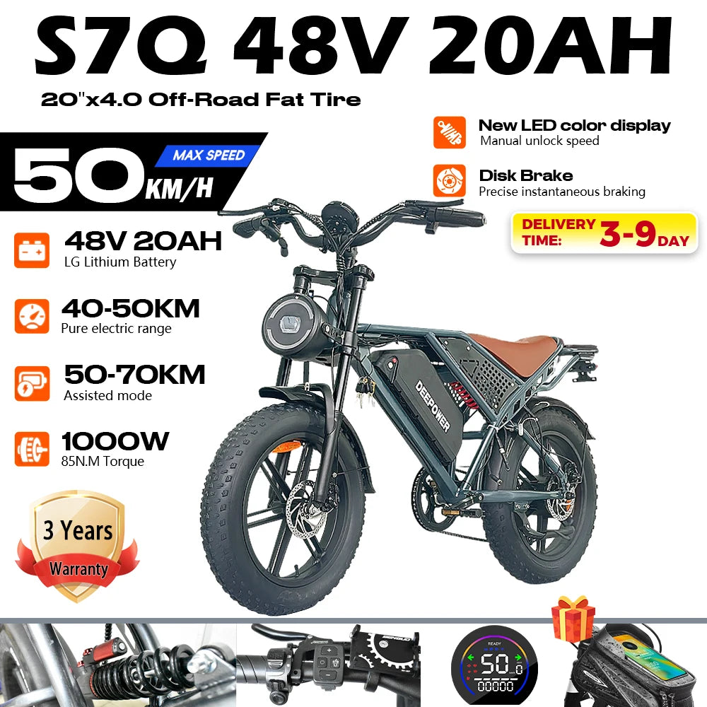 DEEPOWER QS7 Max Electric Bicycle 2000W Brushless Motors MTB E-bike 48V 35AH Lithium Battery Speed 50Km/h Adult Off Road Ebike