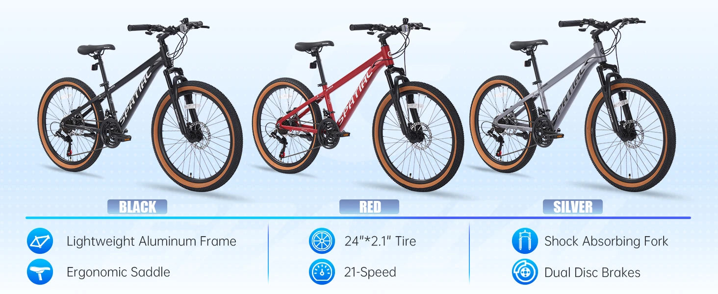 SPATIAL Mountain Bike 24 Inch, 21 Speed Aluminum Frame Lightweight Bike,Dual Disc Brake Bicycle for Teenager