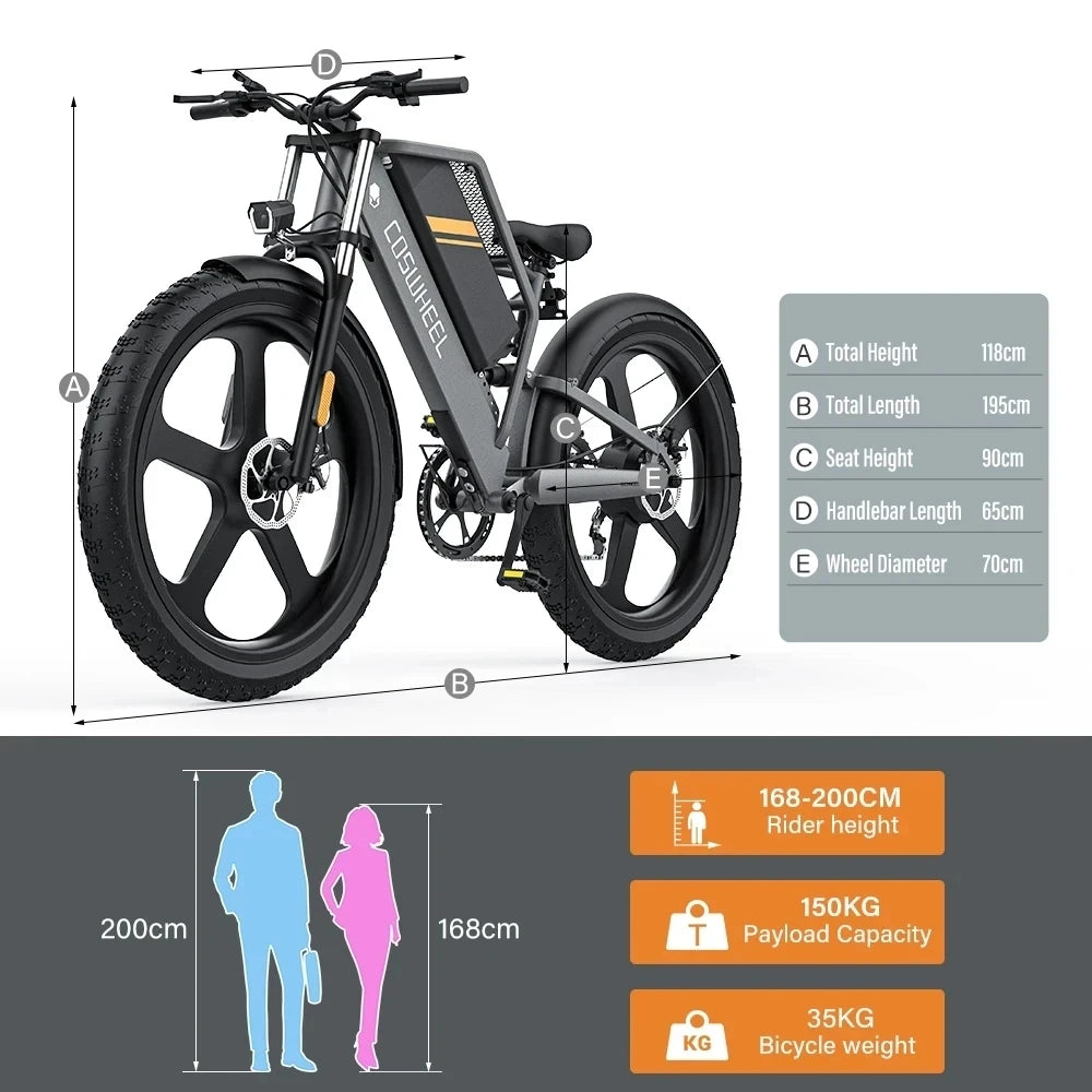 COSWHEEL T26 Electric   Adult Electric Mountain Bike 1000W 48V 25AH hydraulic brake ebike Off Road bicycle  Rear Rack+Fender
