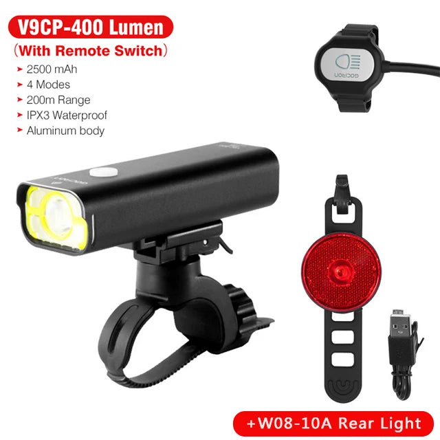 GACIRON 400-800LM Bicycle Headlight Bike Front Light with Wire Remote Switch IPX6 Waterproof Chargeable Pro Contest Flashlight