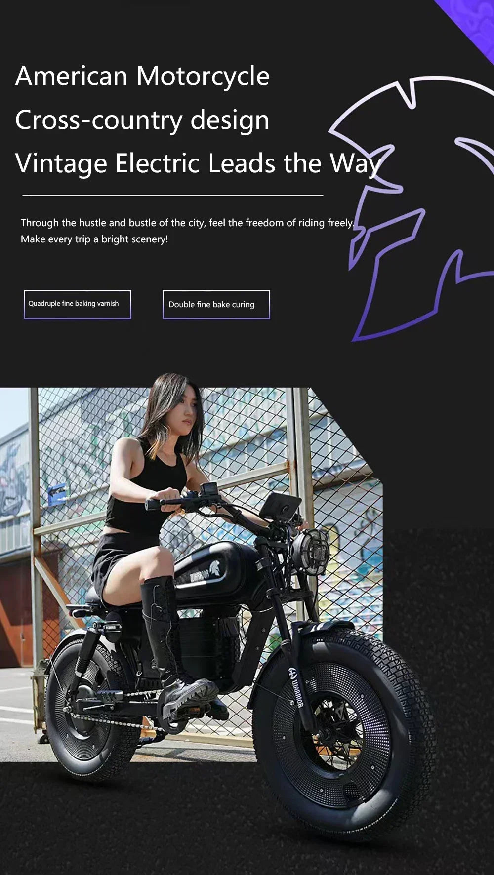 EBIK Black Warrior 3000W Motorcycle 60V 45AH ebike Adult Highway Electric Bike 20-inch Off-Road Fat Tires Suitable for Desert Mo