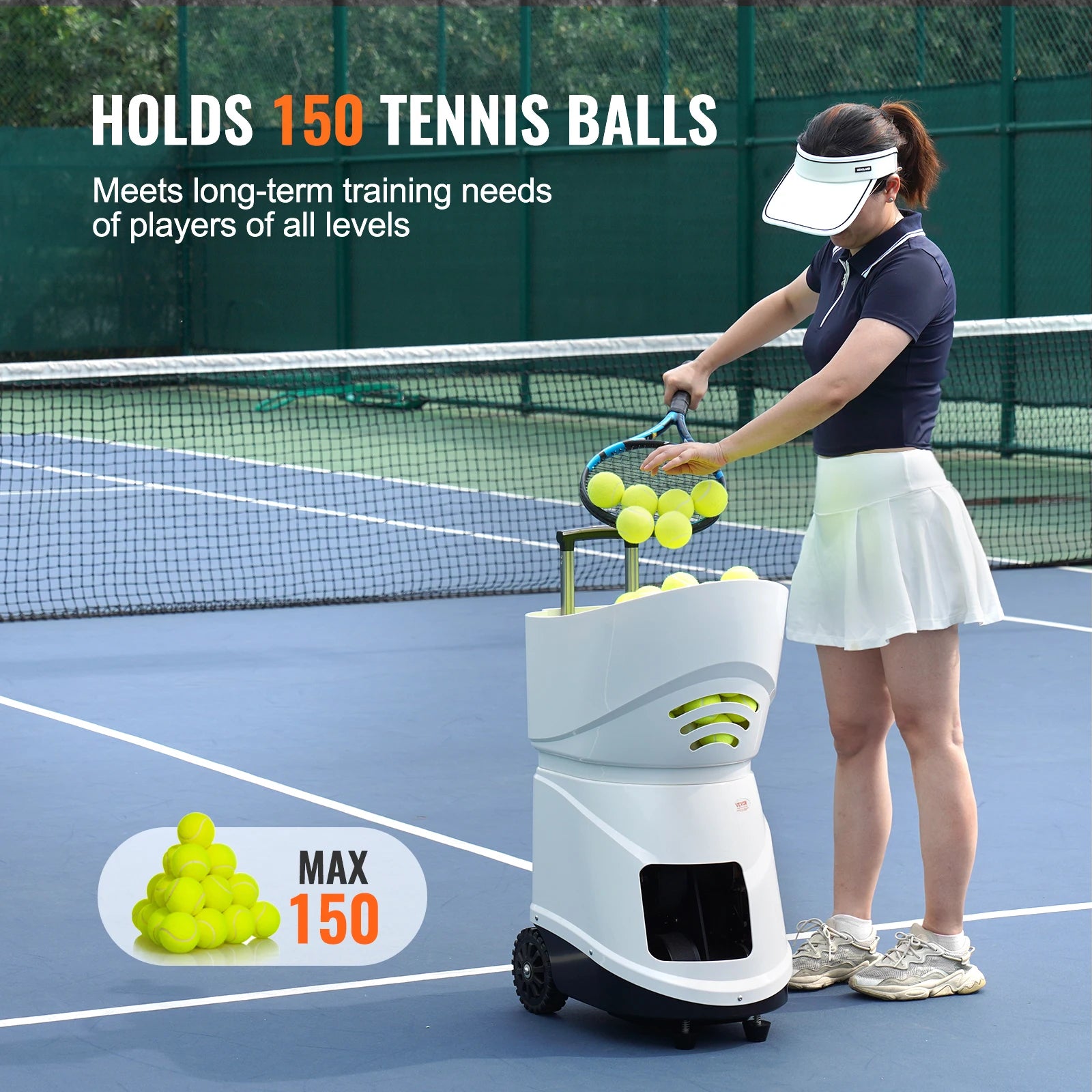 VEVOR Tennis Ball Machine Automatic Portable Launcher Multi-Mode Drills 2+ Hours Play Rechargeable Battery App Remote Control