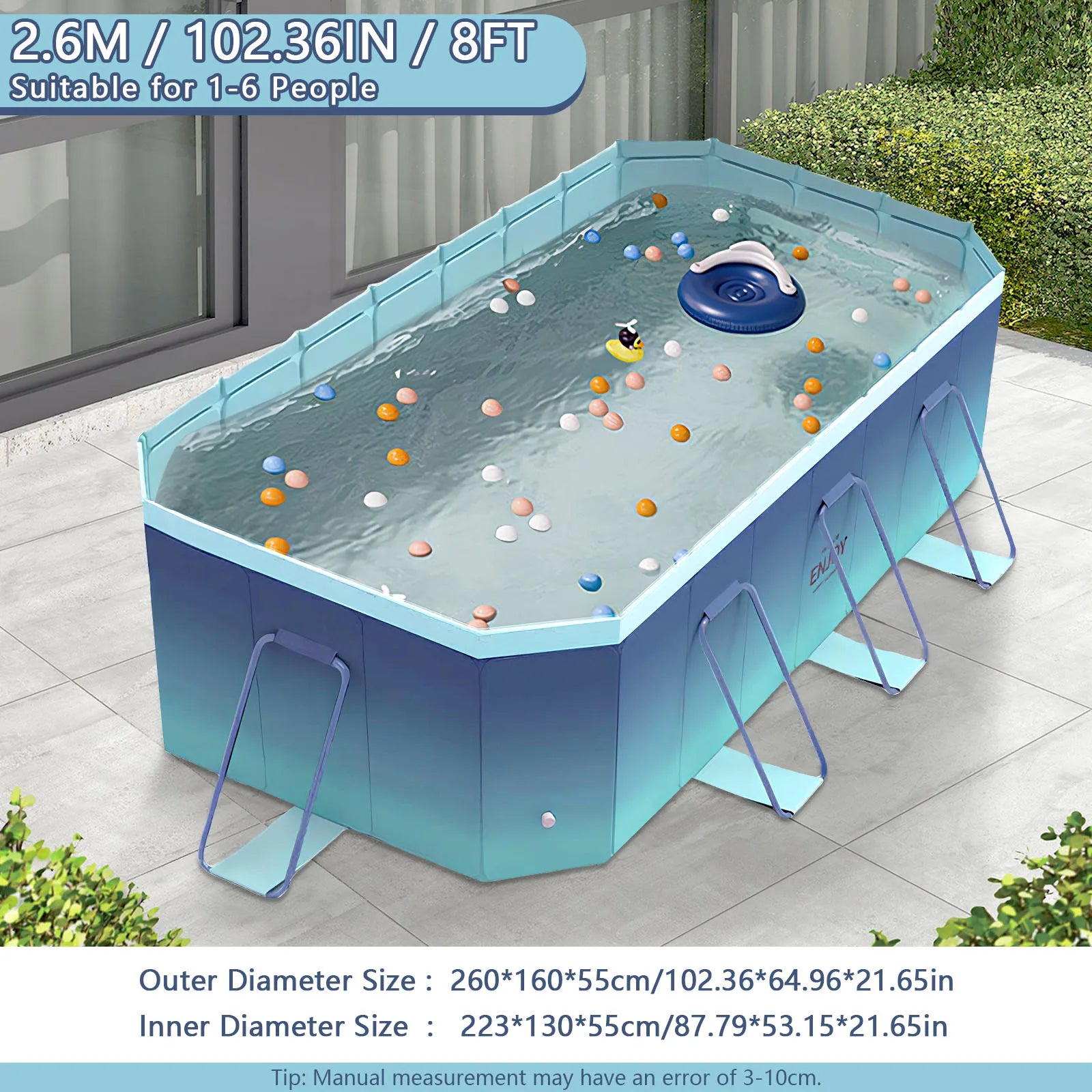2.6/3m Foldable Large Rectangular Family Swimming Pool, Non-Inflatable, Easy Set-up, Suitable for Adults Kids Ideal for Outdoor