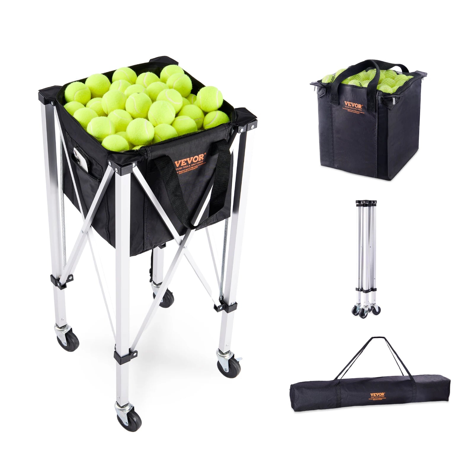 SucceBuy Foldable Tennis Ball Cart Holds 150/180 Tennis Balls Basket Hopper with Wheels Teaching Portable Baseball Trolley