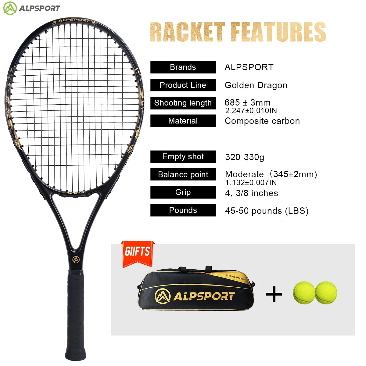 ALPSPORT JL T800 Carbon Fiber Tennis Racket 18K, Professional Training Racket with Bag & Adjustable Strap (Men & Women)