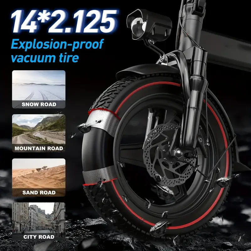 DEEPOWER 14'' Electric Bike Foldable Electric Pedal Assistance with 10ah Battery, 21MPH 400W Motor, Multi-Shock Ebike for teen