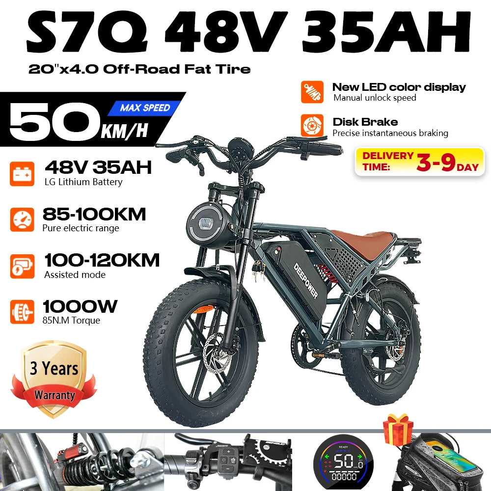 DEEPOWER QS7 Max Electric Bicycle 2000W Brushless Motors MTB E-bike 48V 35AH Lithium Battery Speed 50Km/h Adult Off Road Ebike