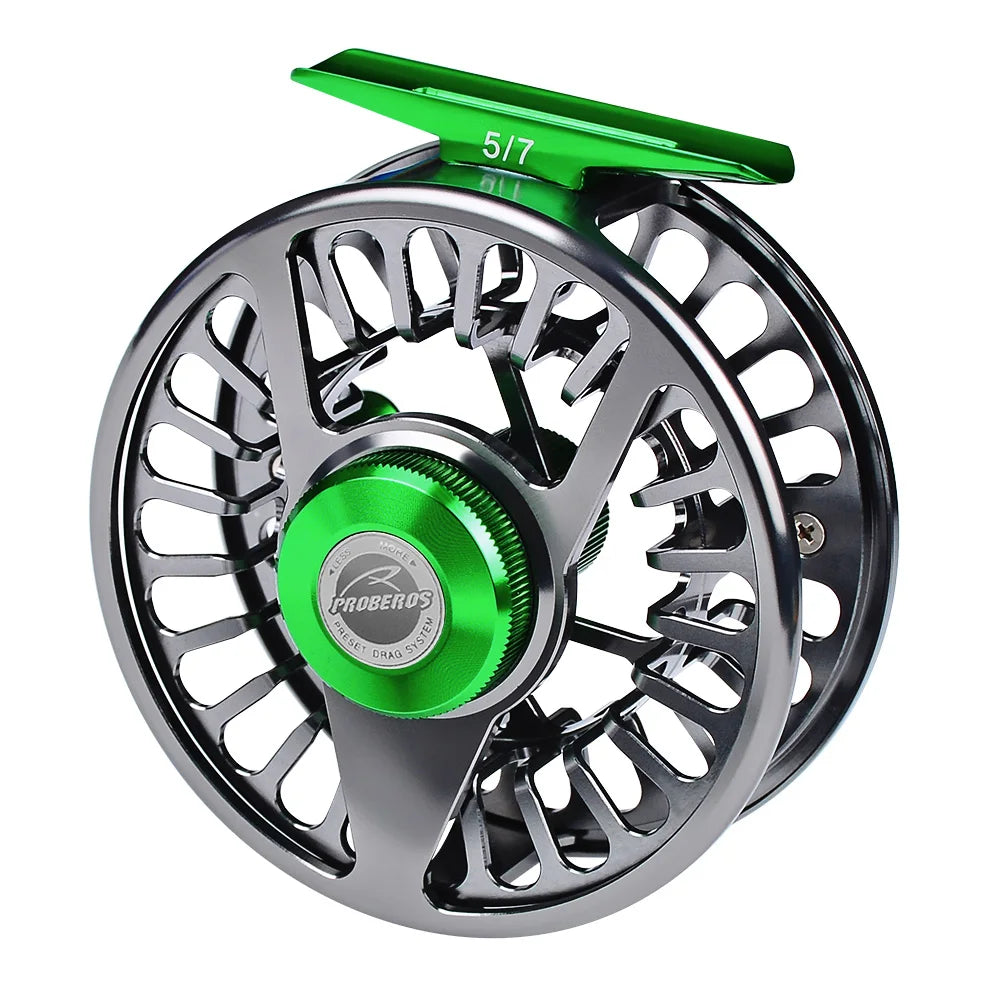 PROBEROS Aluminum 3+1 BB Fly Fishing Wheel Green & Gun Color Fly Fishing Reel CNC Machine Right & Left Handle Fly Reel
