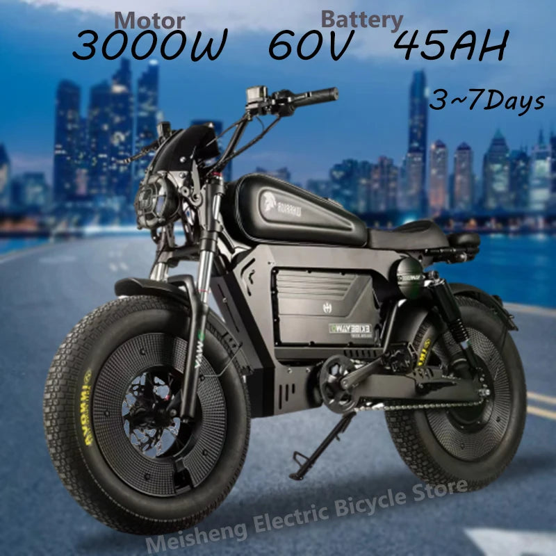 EBIK Black Warrior 3000W Motorcycle 60V 45AH ebike Adult Highway Electric Bike 20-inch Off-Road Fat Tires Suitable for Desert Mo