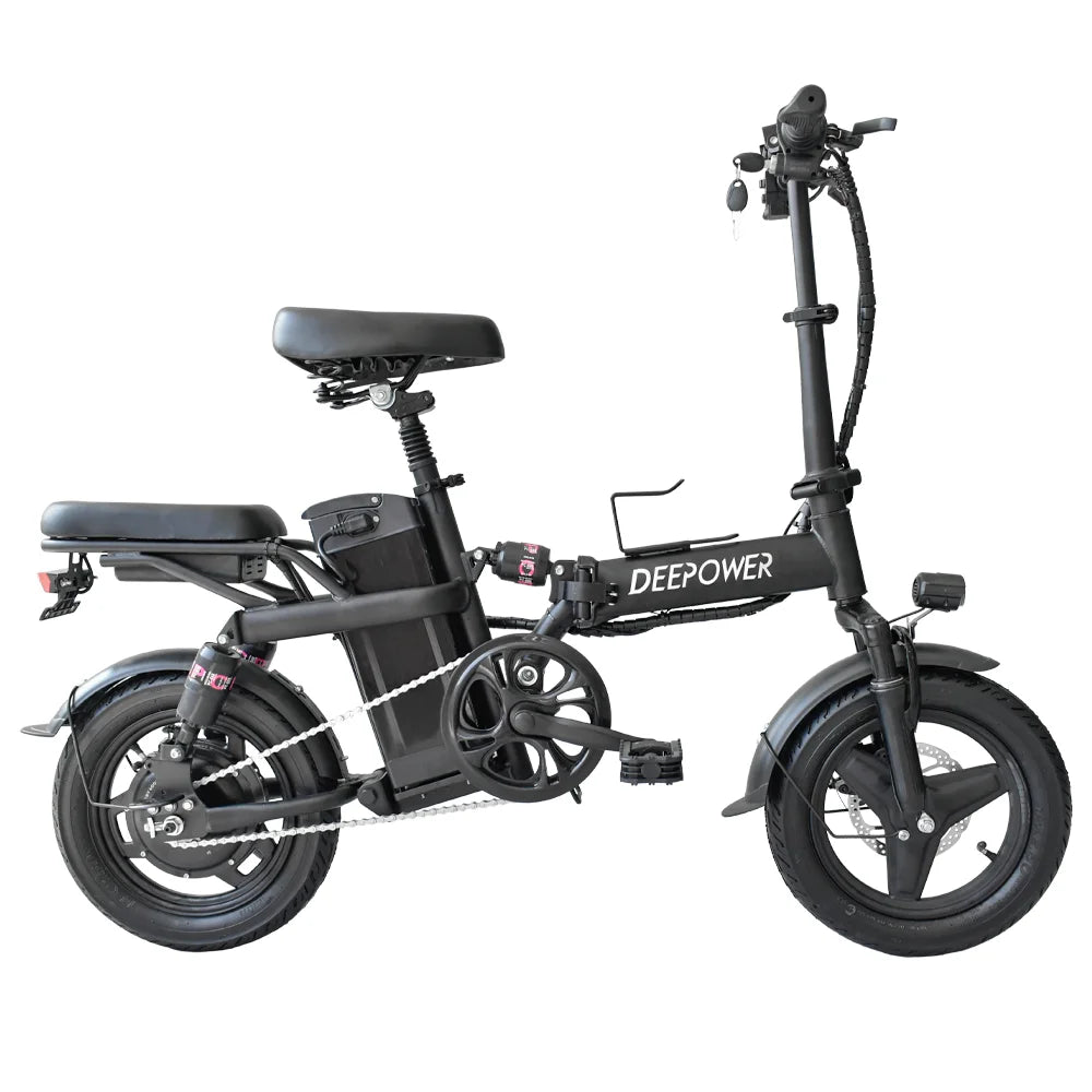 DEEPOWER 14'' Electric Bike Foldable Electric Pedal Assistance with 10ah Battery, 21MPH 400W Motor, Multi-Shock Ebike for teen